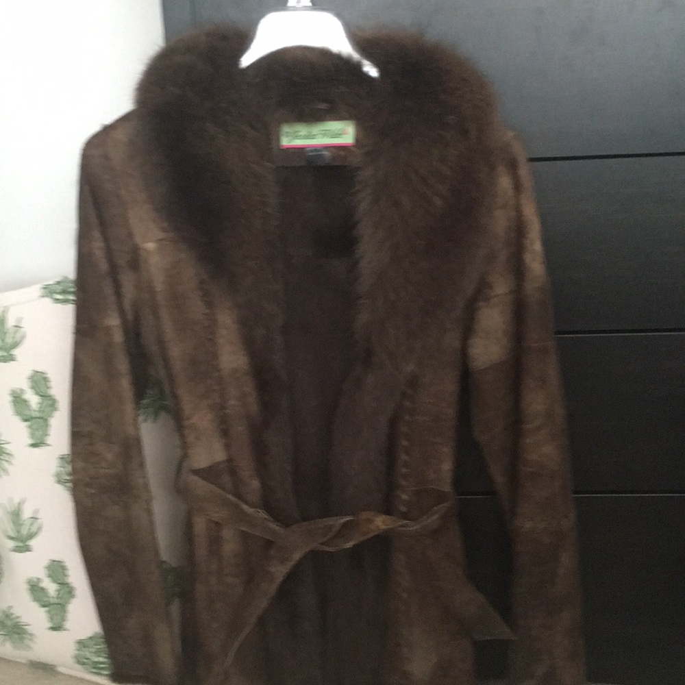Rabbit and fox fur coat  brown suede
